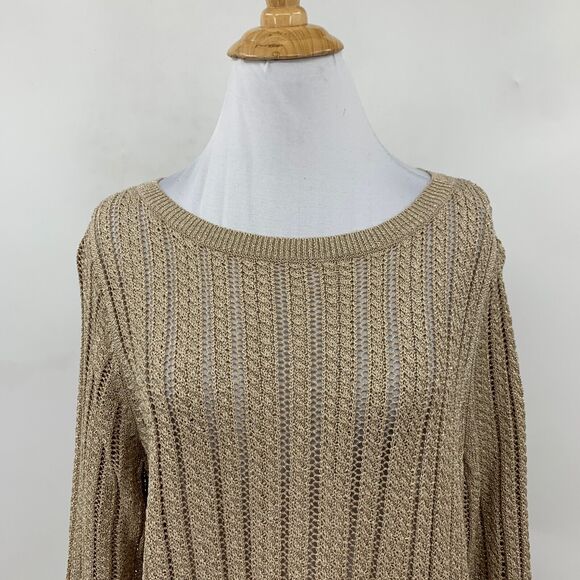 Talbots Sweater Womens XLP Gold Petite Linen Metallic Blend Open Knit Pullover - Picture 3 of 10
